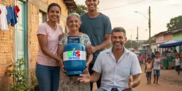 Família sorridente segura botijão de gás do programa Gás do Povo em comunidade brasileira