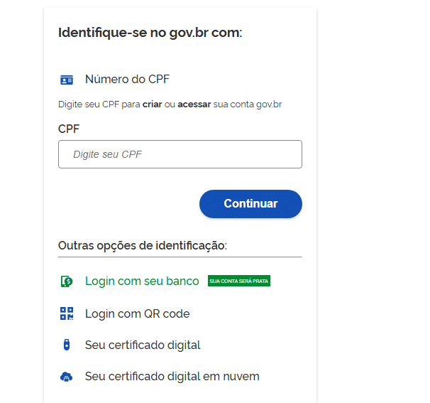 Página do gov.br para login com CPF, banco, QR code e certificado digital