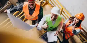 Profissionais de engenharia em canteiro de obras com equipamentos de segurança, revisando planos, refletindo sobre a NR-1 e a gestão de riscos psicossociais