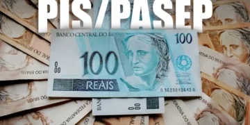 Imagem com cédulas de 100 reais, destacando o abono salarial do PIS/Pasep e as novas regras de acesso em 2027.
