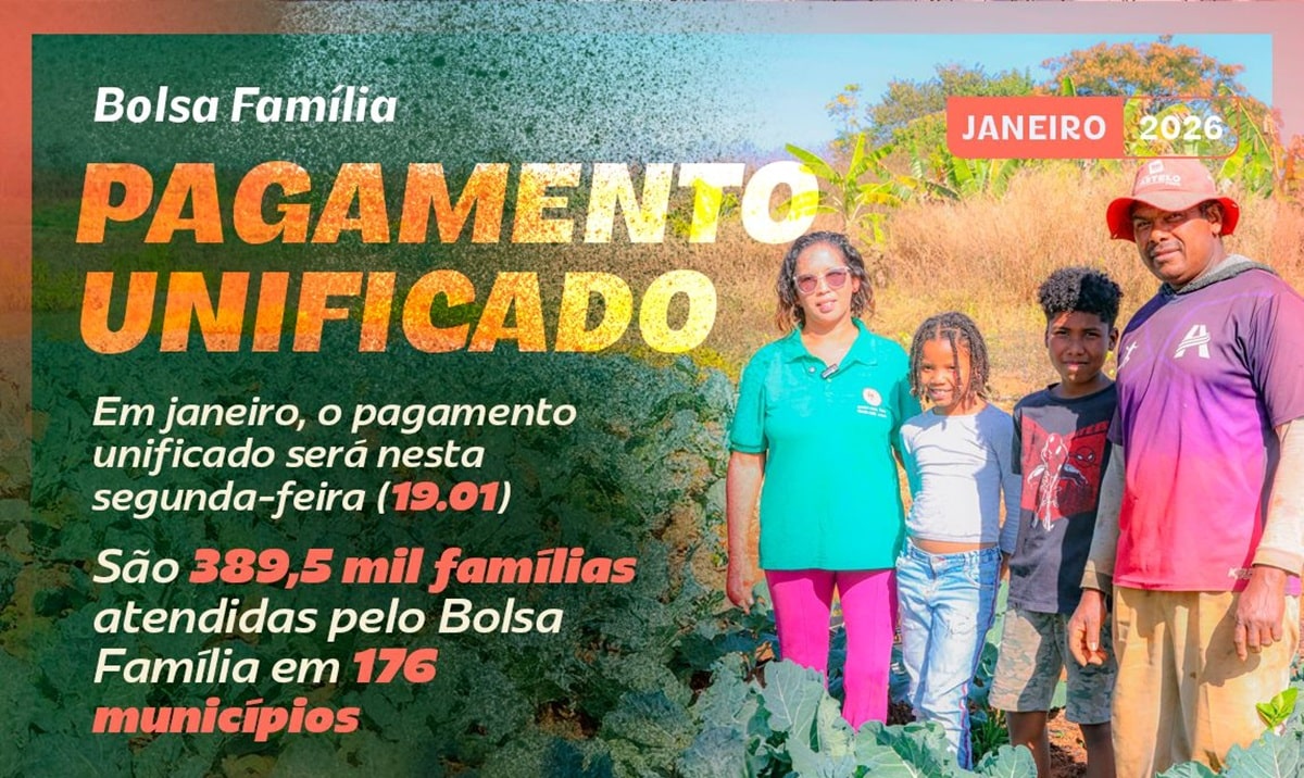 Banner do Bolsa Família informando pagamento unificado em janeiro 2026 para 389,5 mil famílias em 176 municípios com família rural ao fundo.