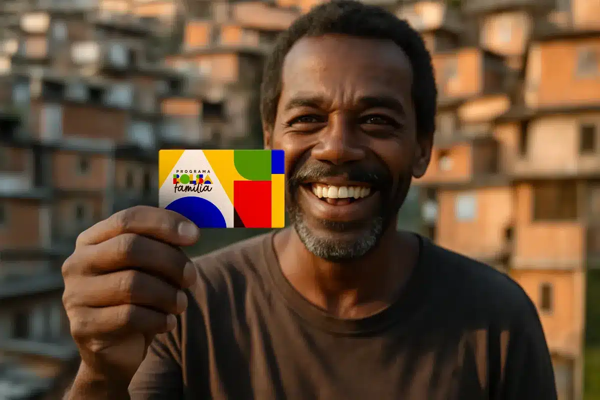 Programa Bolsa Família 2026: Esperança e Inclusão Social Homem sorridente segura cartão do Programa Bolsa Família em comunidade ao fundo em 2026