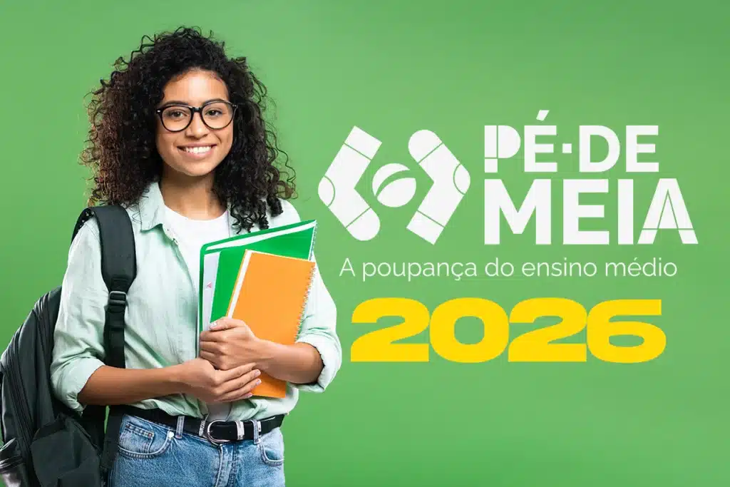 Pé-de-Meia 2026 Estudante do ensino médio com mochila e cadernos representando quem tem direito ao benefício Pé-de-Meia em 2026.