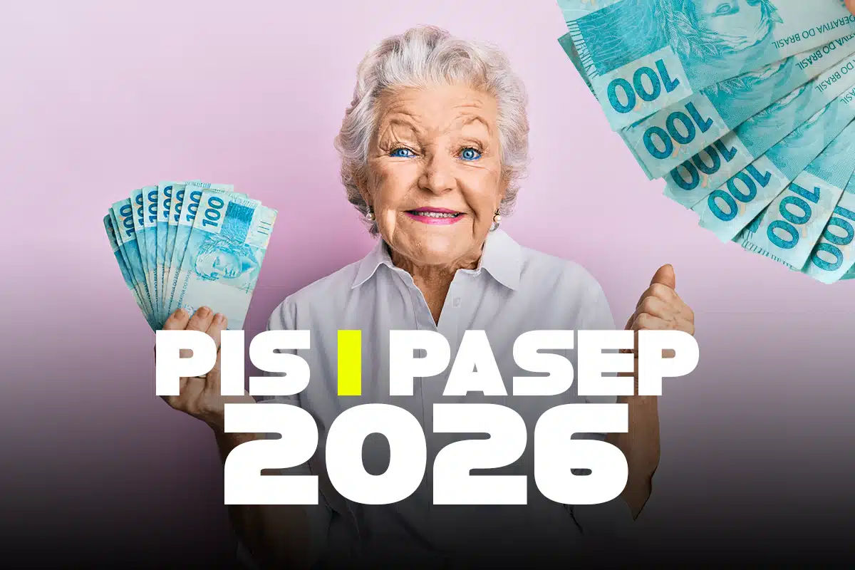 PIS/PASEP 2026: pagamento do Abono Salarial para idosos e trabalhadores. Idosa sorrindo segurando cédulas de 100 reais, representando trabalhadores recebendo o Abono Salarial PIS/PASEP 2026.
