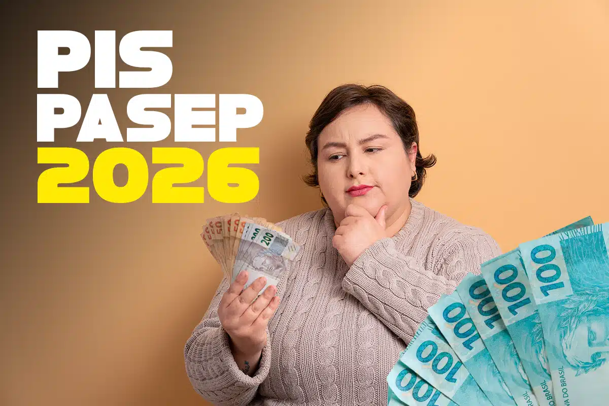 Calendário de Ressarcimento do PIS/PASEP 2026. Mulher pensativa segurando notas de 100 e 200 reais, representando o recebimento do PIS/PASEP 2026.