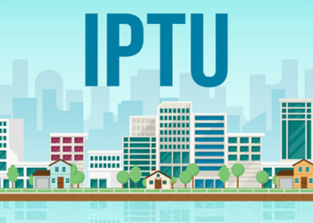Ilustração de cidade com prédios e casas residenciais e texto IPTU em destaque representando imposto municipal.