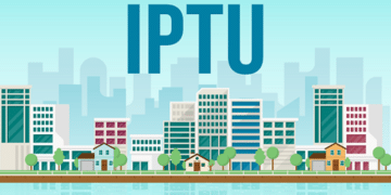 Ilustração de cidade com prédios e casas residenciais e texto IPTU em destaque representando imposto municipal.