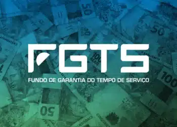 Ilustração com fundo composto por diversas notas de 50 e 100 reais em tons de azul e verde, com o logotipo branco do FGTS centralizado e o texto "Fundo de Garantia do Tempo de Serviço" logo abaixo.