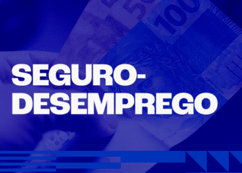 Arte gráfica azul com texto Seguro-Desemprego e cédulas de real ao fundo.