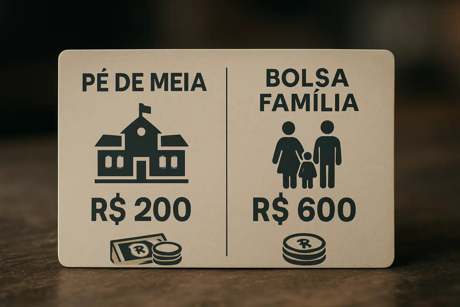 Pé de Meia e Bolsa Família: valores dos benefícios sociais. Cartaz mostra valores do Pé de Meia (R$200) e Bolsa Família (R$600) em 2026.