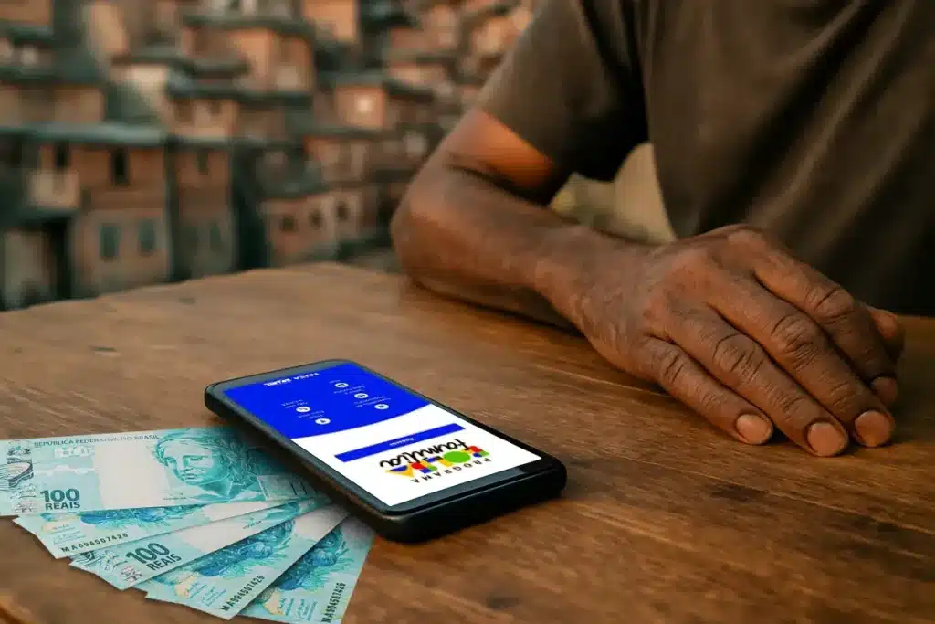 Valor do Benefício do Bolsa Família. Imagem de celular com o aplicativo do programa Bolsa Família aberto, ao lado de cédulas de 100 reais, ilustrando a distribuição de benefícios.