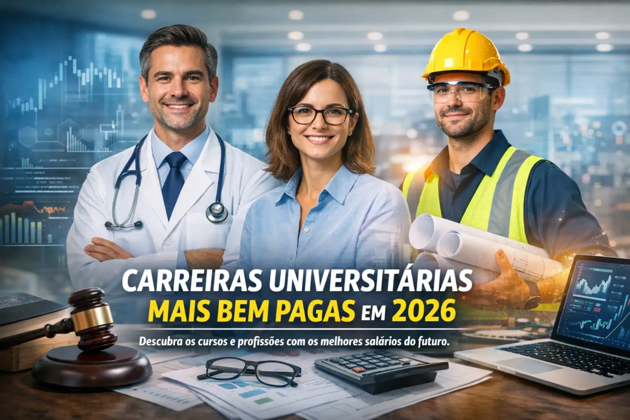 Carreiras Universitárias Mais Bem Pagas em 2026. Profissionais de áreas de alta remuneração, como médico, engenheiro e executivo, em cenário de 2026 com gráficos e ferramentas tecnológicas.