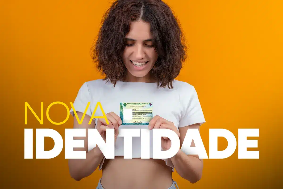 funcionalidades carteira identidade nacional digital govbr Uma jovem sorridente, de cabelos cacheados e camiseta branca, segura a nova Carteira de Identidade Nacional (CIN) entre as mãos. A imagem possui um fundo amarelo vibrante e o texto "NOVA IDENTIDADE" em letras brancas de grande formato.