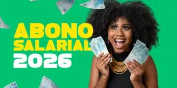Mulher negra jovem com cabelos cacheados, sorrindo e com expressão de surpresa positiva, segurando várias notas de 100 reais em ambas as mãos. Ao fundo verde, destaca-se o texto em letras grandes: "ABONO SALARIAL 2026".