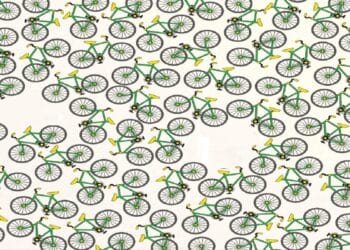 Desafio visual com várias bicicletas verdes desenhadas de forma repetida sobre fundo claro.