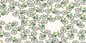 Desafio visual com várias bicicletas verdes desenhadas de forma repetida sobre fundo claro.