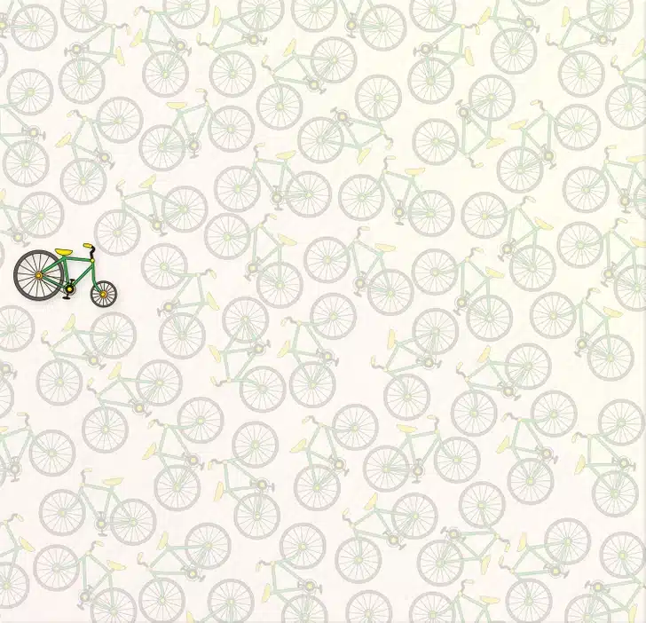 Encontre a bicicleta diferente neste desenho de bicicletas verdes repetidas. Desafio visual com várias bicicletas verdes desenhadas de forma repetida sobre fundo claro.