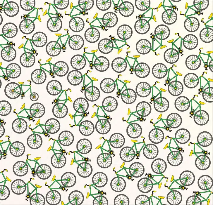 Encontre a bicicleta diferente no meio de várias bicicletas verdes repetidas. Desafio visual com várias bicicletas verdes desenhadas de forma repetida sobre fundo claro.