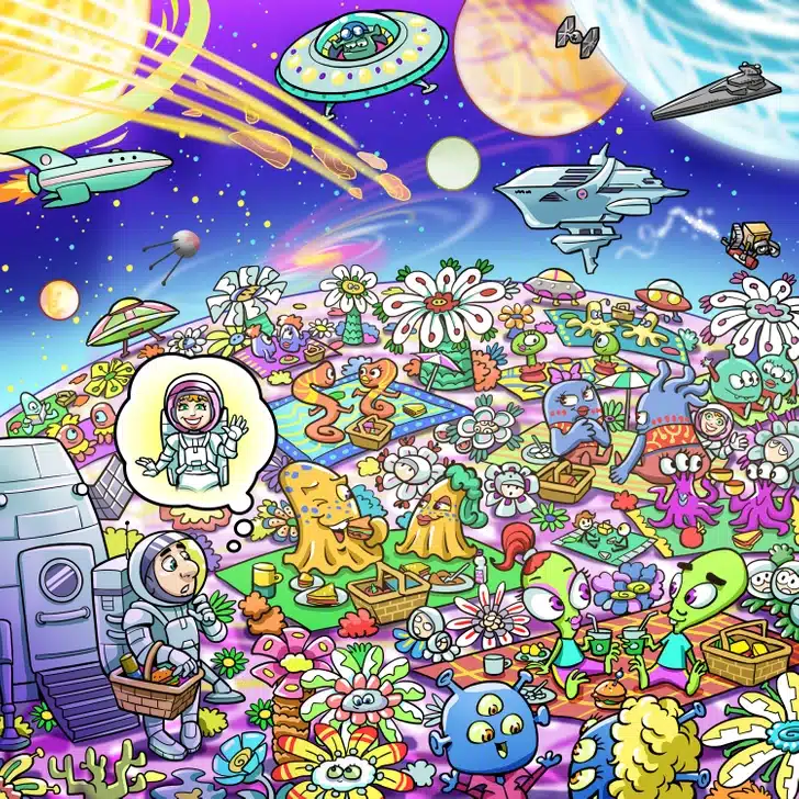 Ache o astronauta camuflado entre diversos alienígenas. Desafio visual com ilustração colorida de um piquenique alienígena em um planeta florido, naves e seres de diferentes galáxias.