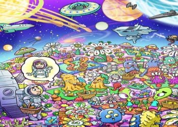 Desafio visual com ilustração colorida de um piquenique alienígena em um planeta florido, naves e seres de diferentes galáxias.