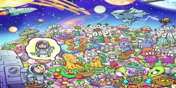 Desafio visual com ilustração colorida de um piquenique alienígena em um planeta florido, naves e seres de diferentes galáxias.