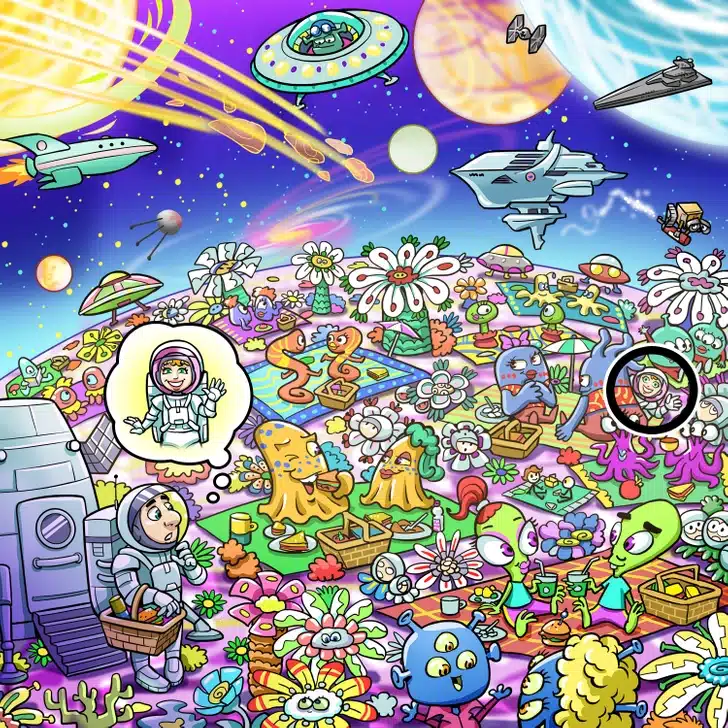 Encontre o astronauta escondido no piquenique intergaláctico com alienígenas e flores Desafio visual com ilustração colorida de um piquenique alienígena em um planeta florido, naves e seres de diferentes galáxias.