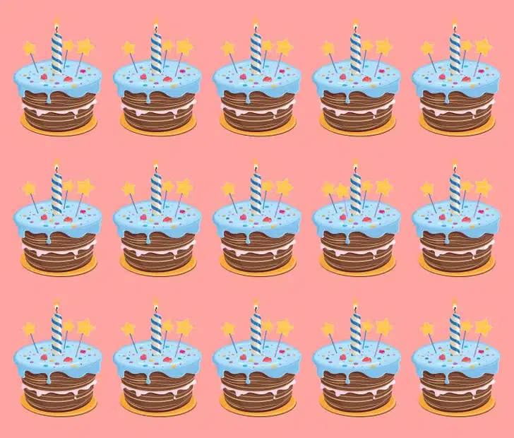 Ache o bolo diferente entre diversos bolos de aniversário decorados. os Desafio visual com uma ilustração de vários bolos de aniversário com cobertura azul, velas coloridas e estrelas, fundo rosa.