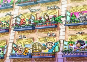 Desafio visual com uma fachada de prédio com várias janelas abertas, pessoas e animais interagindo nas varandas