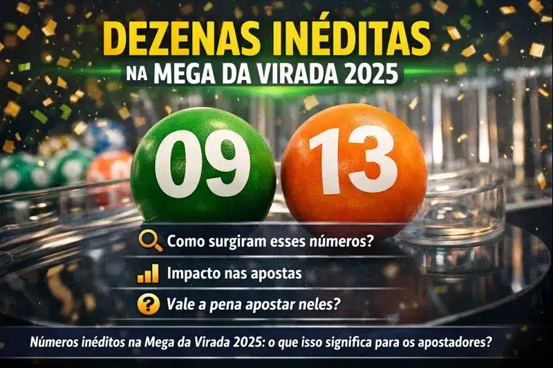 Dezenas Inéditas na Mega da Virada 2025. Dezenas inéditas 09 e 13 da Mega da Virada 2025 em fundo de loteria.