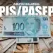 Montagem com diversas cédulas de cem reais espalhadas ao fundo. Em destaque, no centro, uma nota de 100 reais e o título "ABONO SALARIAL PIS/PASEP" em letras grandes brancas.
