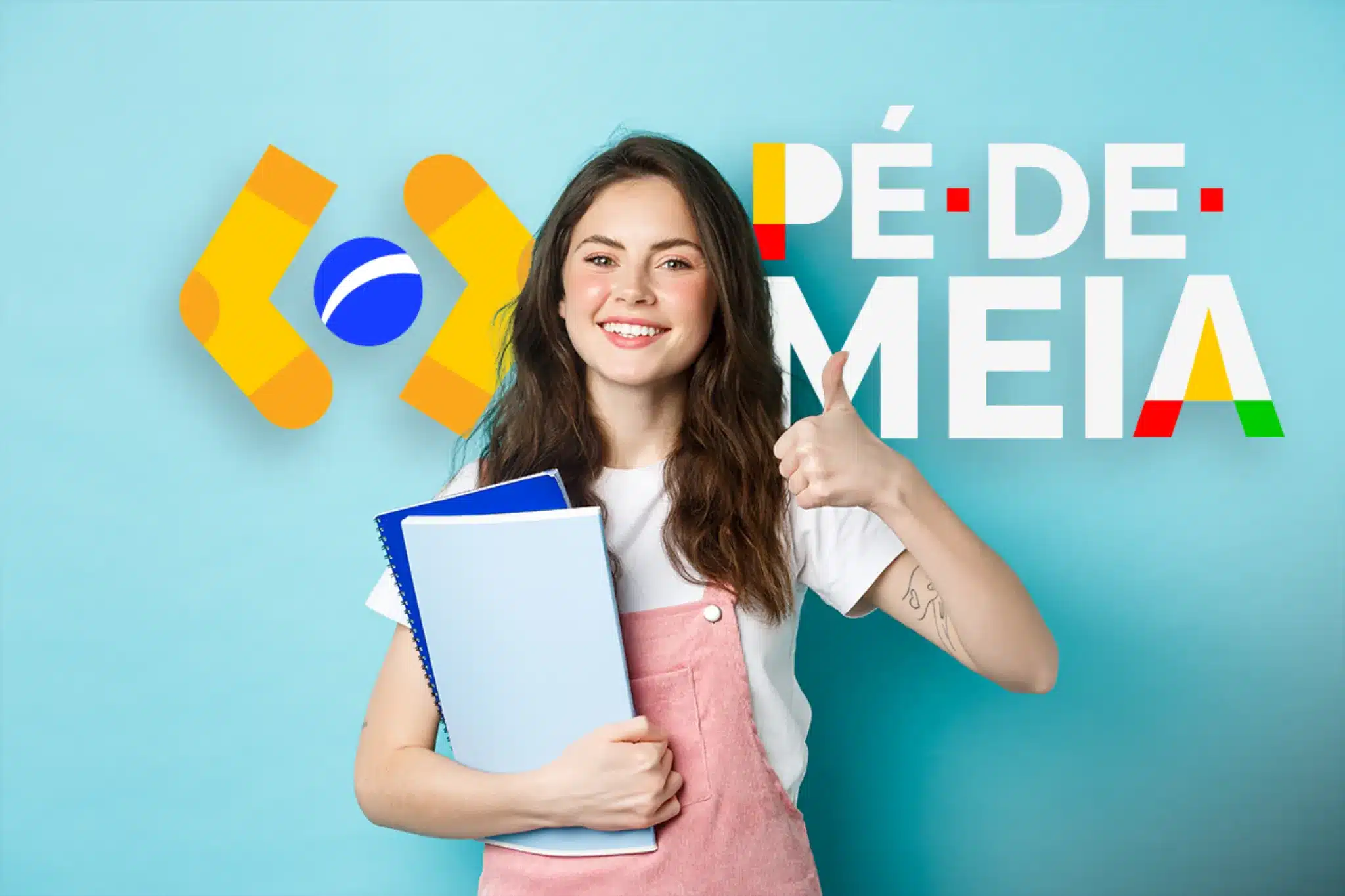 Pé-de-Meia: Canais de atendimento para tirar dúvidas. Estudante sorrindo e fazendo um gesto de positivo, representando o programa Pé-de-Meia, com o logo do programa ao fundo.