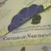 Uma certidão de nascimento brasileira com detalhes do registro civil, relacionada ao processo de emissão de 1ª via.