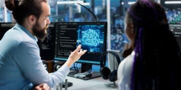 Um homem com cabelo preso em um coque e barba aponta para um monitor que exibe a representação gráfica de um cérebro digital azul com a sigla "AI". À direita, uma mulher com tranças roxas observa a explicação em um escritório de tecnologia moderno.