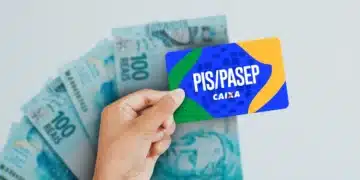 Mão de uma pessoa segurando um cartão azul e amarelo com o texto "PIS/PASEP CAIXA". Ao fundo, várias cédulas de 100 reais estão dispostas em leque sobre uma superfície clara.