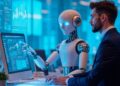 Profissional interagindo com um robô em um ambiente digital avançado, simbolizando o impacto da inteligência artificial nas profissões do futuro.