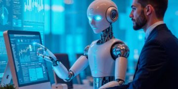 Profissional interagindo com um robô em um ambiente digital avançado, simbolizando o impacto da inteligência artificial nas profissões do futuro.