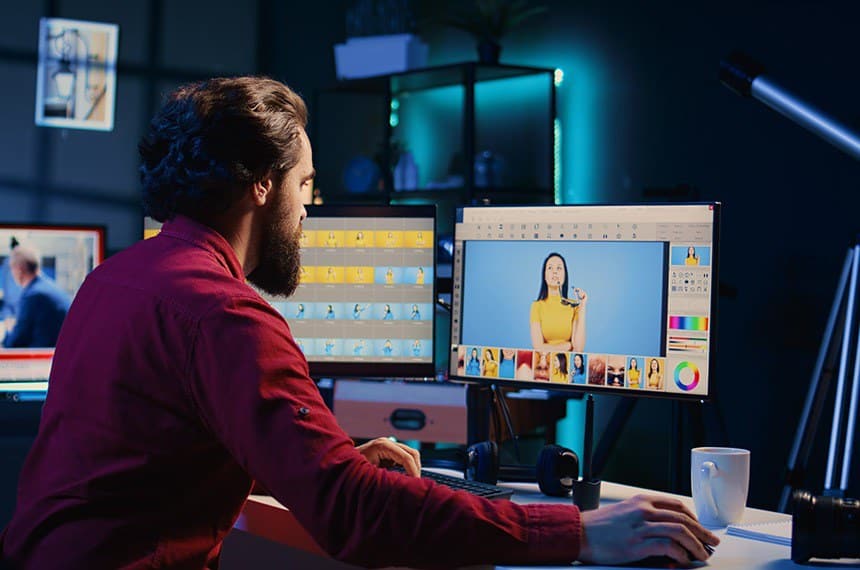 Profissional de multimídia editando imagem em seu computador, representando a atuação na criação e edição de mídias digitais.