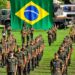 Jovens realizando o alistamento militar com a bandeira do Brasil ao fundo.