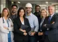 Profissionais de diversas áreas, incluindo médicos, engenheiros de dados, advogados e executivos, posando juntos em um escritório moderno.