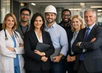 Profissionais de diversas áreas, incluindo médicos, engenheiros de dados, advogados e executivos, posando juntos em um escritório moderno.