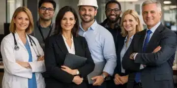 Profissionais de diversas áreas, incluindo médicos, engenheiros de dados, advogados e executivos, posando juntos em um escritório moderno.