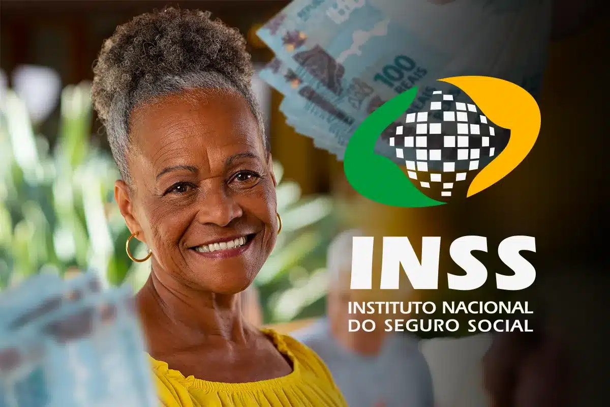 modernizacao seguranca beneficiarios inss Uma senhora negra sorridente com cabelos grisalhos presos, segurando notas de 100 reais, com o logotipo oficial e o nome "INSS - Instituto Nacional do Seguro Social" à direita.