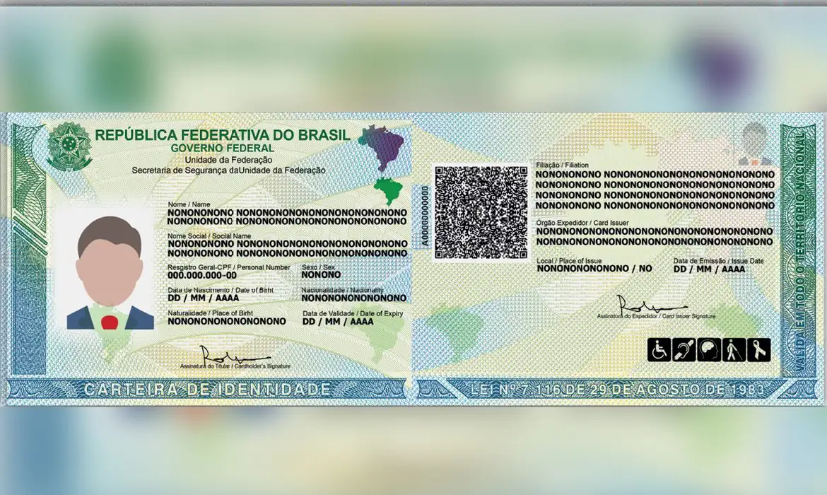 exigência biometria cin inss 2026 Modelo da nova Carteira de Identidade Nacional (CIN) estendida, exibindo campos de identificação, QR Code e o mapa do Brasil ao fundo em tons de verde e azul.
