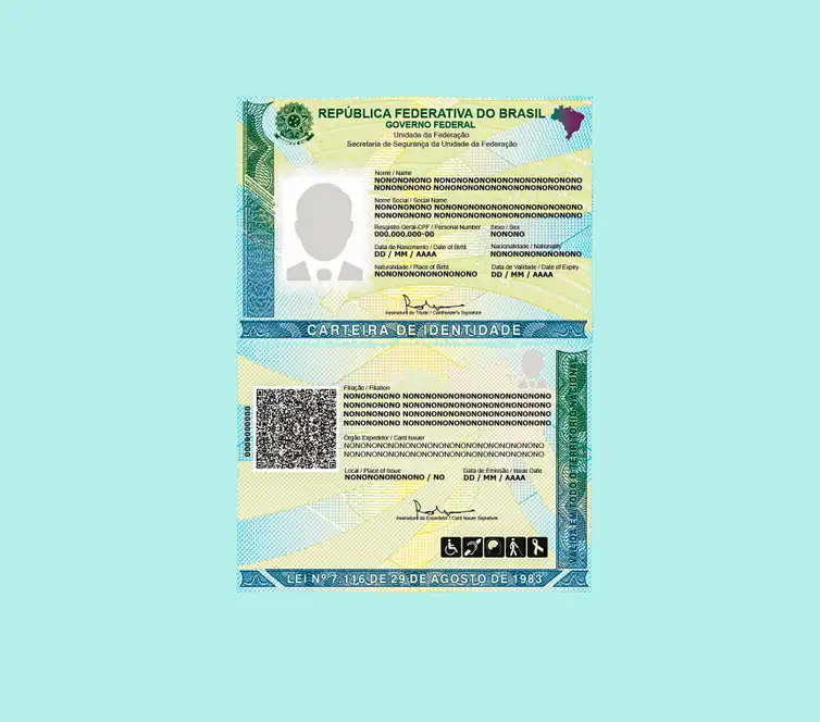 o que e a cin nova identidade 2026 Visão frontal e do verso da nova Carteira de Identidade Nacional (CIN) em fundo azul claro, destacando o QR Code e o brasão da República.