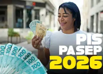 Trabalhadora segura dinheiro em referência ao pagamento do Abono Salarial PIS/Pasep em 2026.