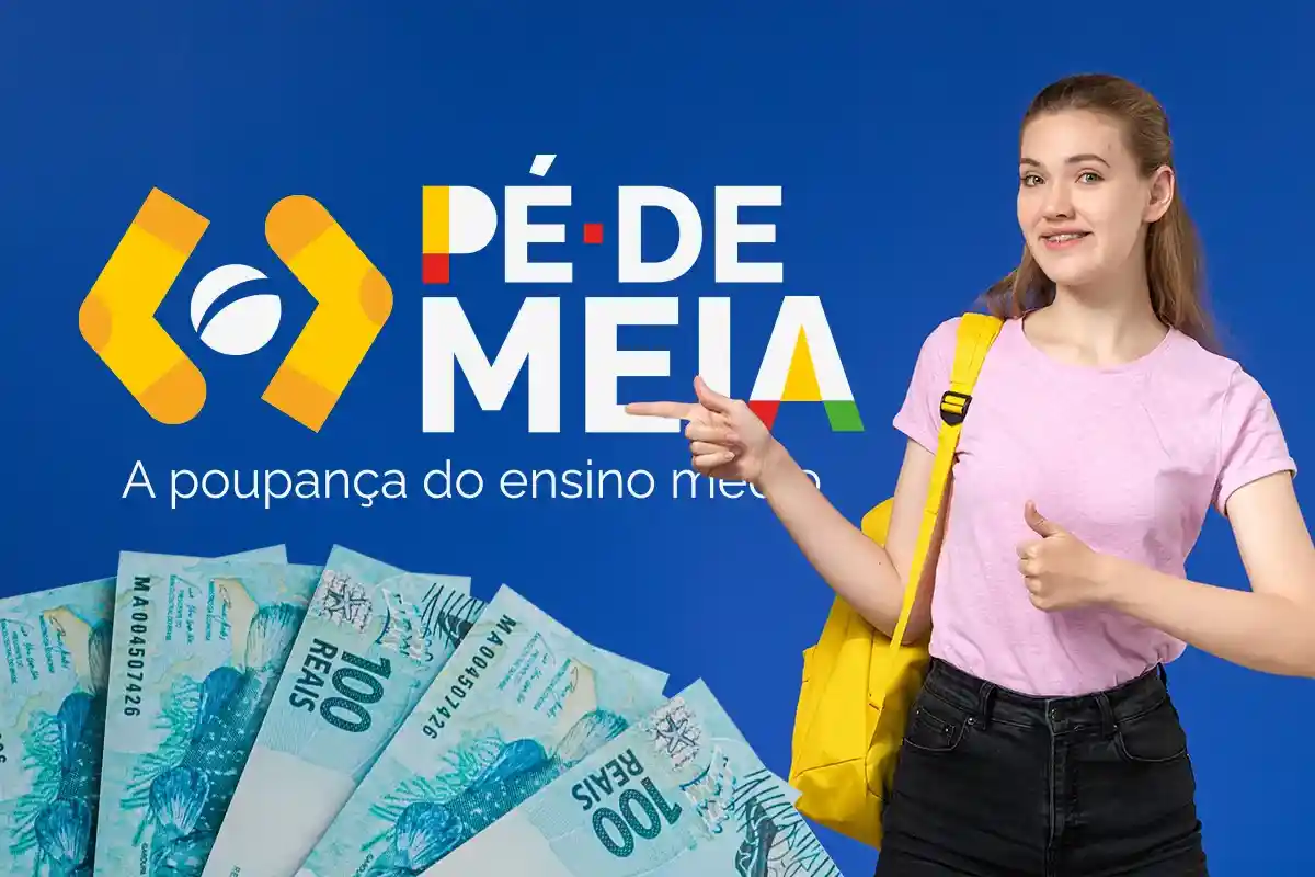 Imagem ilustrativa do programa Pé-de-Meia com uma estudante sorrindo e notas de R$ 100, simbolizando a poupança do ensino médio.