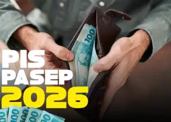 Imagem ilustrativa do pagamento do ressarcimento PIS/PASEP 2026, com notas de R$100 visíveis.