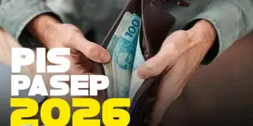 Imagem ilustrativa do pagamento do ressarcimento PIS/PASEP 2026, com notas de R$100 visíveis.