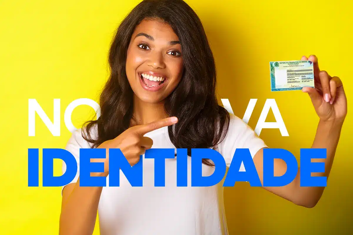 Novo RG 2026: Atualize Seu Documento de Identidade Jovem animada segurando a nova Carteira Nacional de Identidade (CIN), simbolizando a troca do RG antigo pelo documento moderno e seguro.