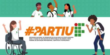 Ilustração em estilo flat design mostrando cinco estudantes diversos com uniformes brancos e verdes da Rede Federal. À esquerda, uma jovem cadeirante acena; ao centro, a hashtag "#PARTIU" em laranja e o logotipo verde e vermelho do Instituto Federal (IF).